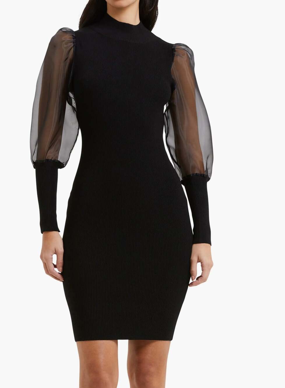 French Connection Organza Puff Sleeve Mini Sweater Dress Black XS